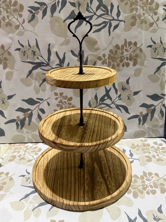 Other - 3-Tier Wooden Serving Stand - Medium color Natural Wood with Black accessories.